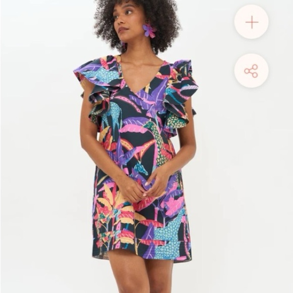 Oliphant Tropical Print Ruffle Sleeve Mini Dress in Black, Pink, Purple, Blue
